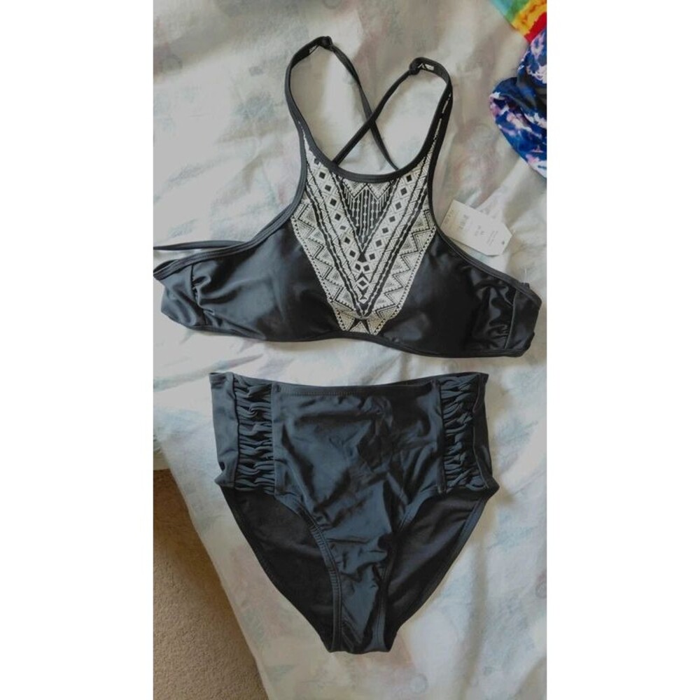 Time And Tru Missy Bikini Black Tribal Embroidered NEW